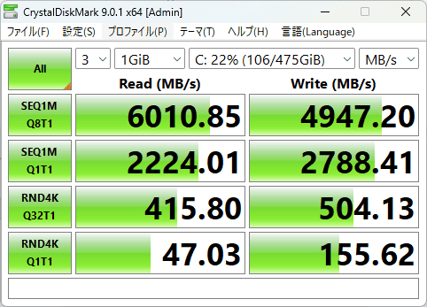 Yoga Mini 01IPH11 (Intel) シーケンシャル速度計測結果リード6010MB秒、ライト4947MB秒