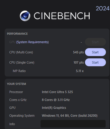 Yoga Mini 01IPH11 (Intel) Core Ultra 5 325 cinebench 2024計測結果マルチコア545、シングルコア107