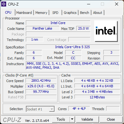 Yoga Mini 01IPH11 (Intel) Core Ultra X7 358H CPU-Z