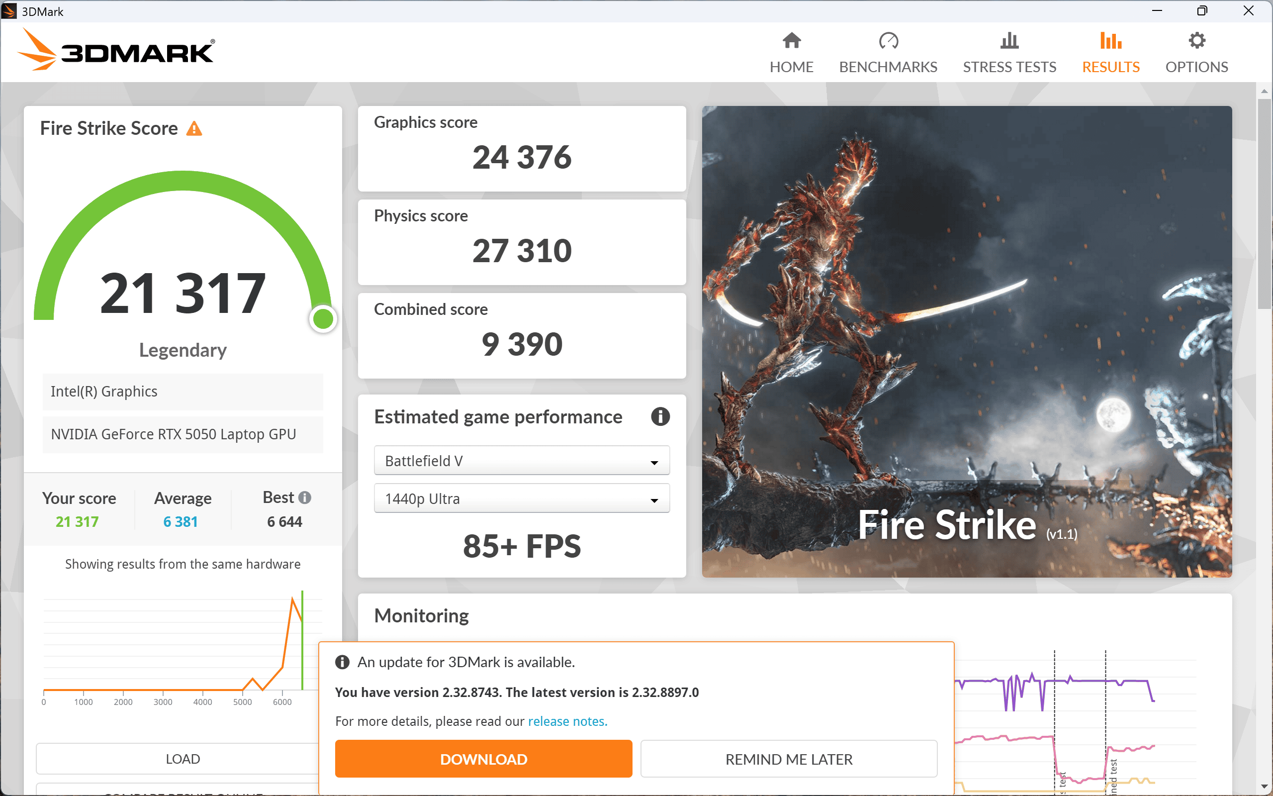 Lenovo Legion 5i Gen 11 (15.3型 Intel)　バランスモードでFire Strike計測21317