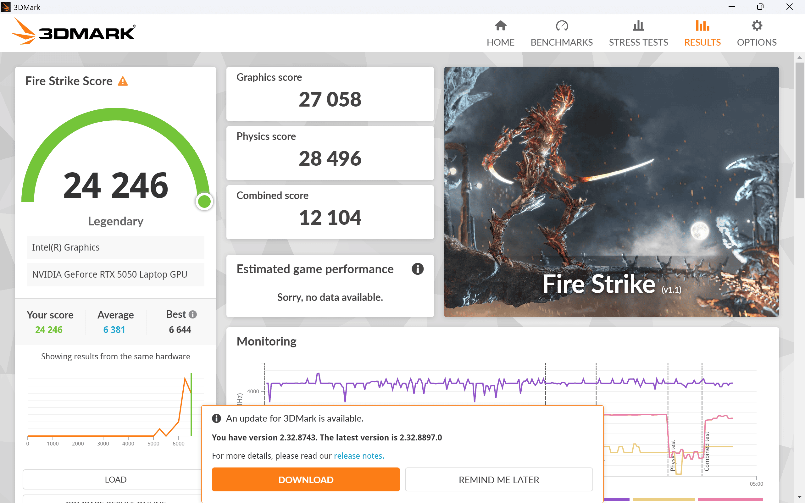 Lenovo Legion 5i Gen 11 (15.3型 Intel)　パフォーマンスモードでFire Strike計測24246