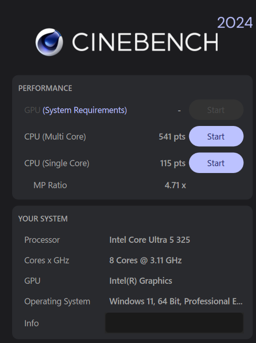 ThinkPad X1 2-in-1 Gen 11 Aura Edition 14 Intel Cinebench 2024計測結果。マルチコア541、シングルコア115