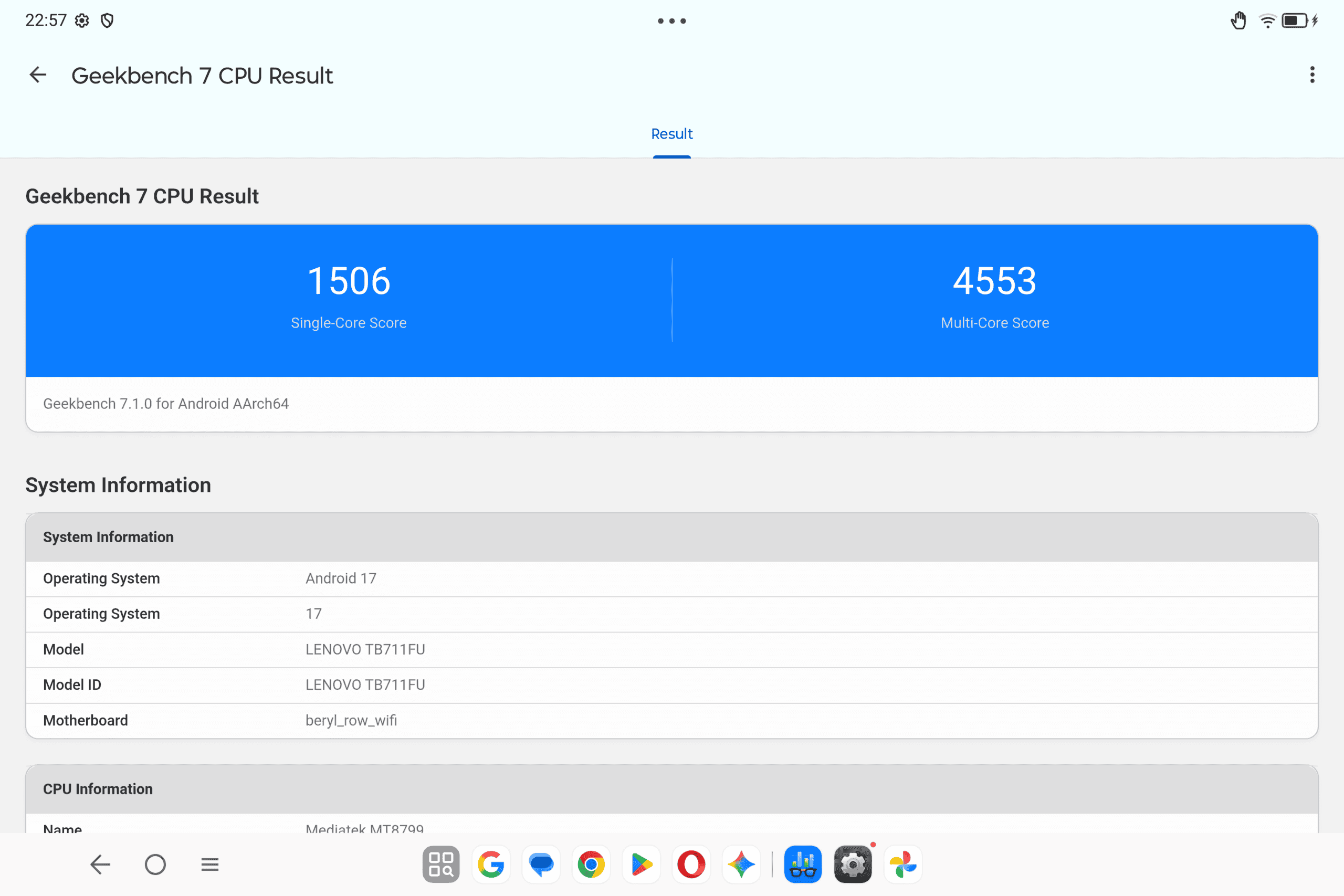Dimensity 9500s geekbench 7計測結果シングルコア1506、マルチコア4553