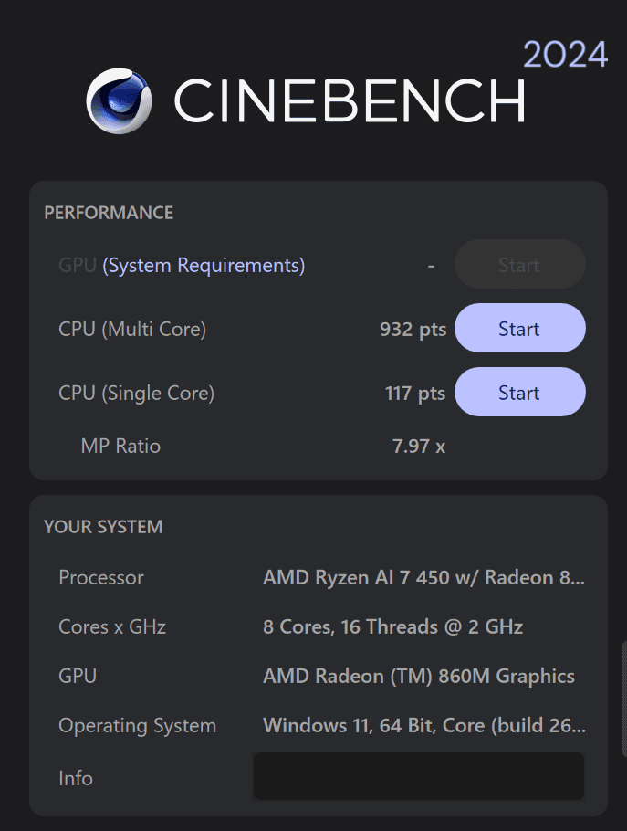 Lenovo Legion 5a Gen 11 (15.3 AMD) Cinebench 2024計測結果マルチコア932、シングルコア117