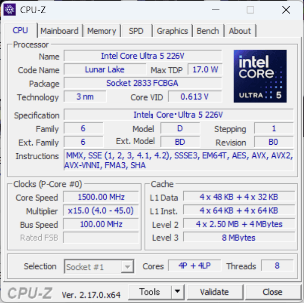 Lenovo Thinkbook 14x Core Ultra 5 226V CPU-Z