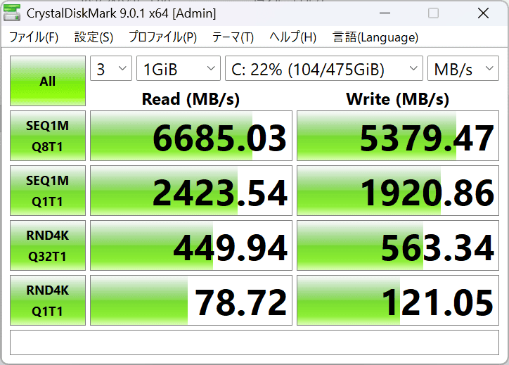 Lenovo Thinkbook 14x シーケンシャル速度計測結果リード（読み込み）が6685MB/秒、ライト（書き込み）が5379MB/秒ととても速い