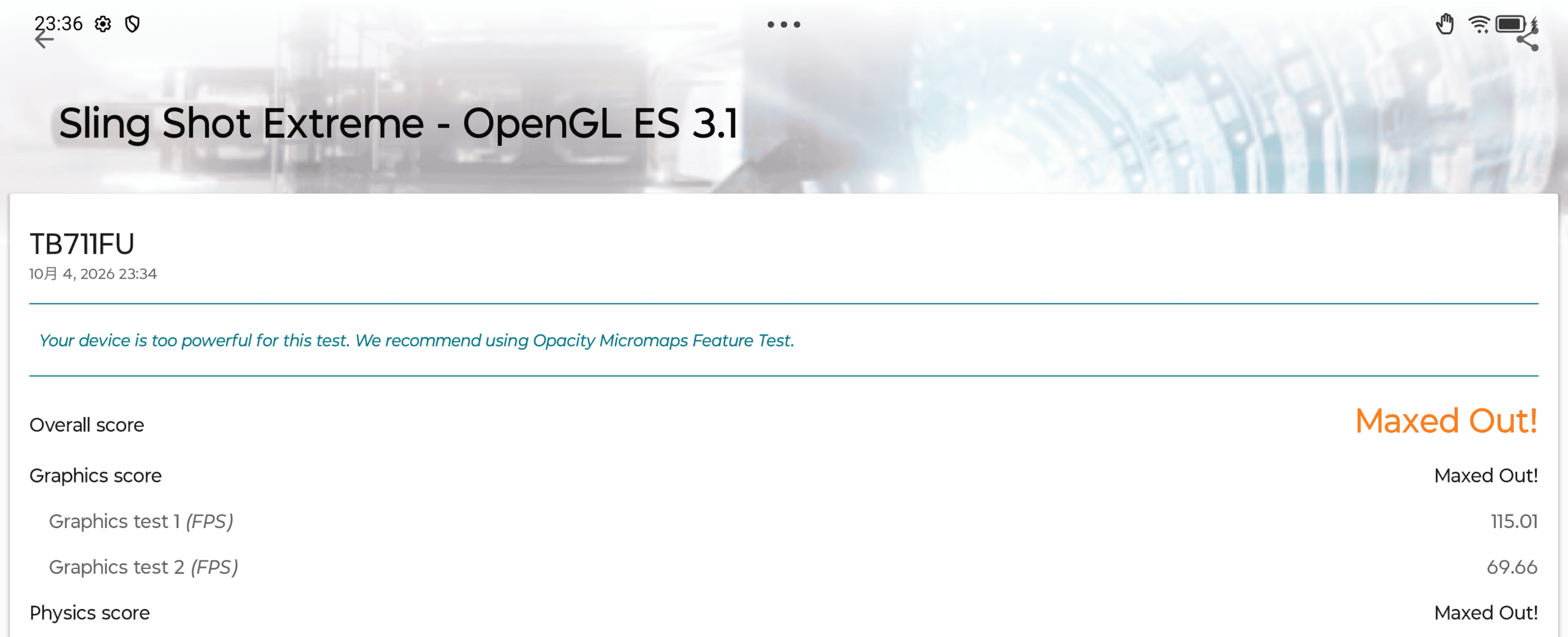 Lenovo Yoga Tab Gen 2 Sling shot extreme計測結果Maxed out