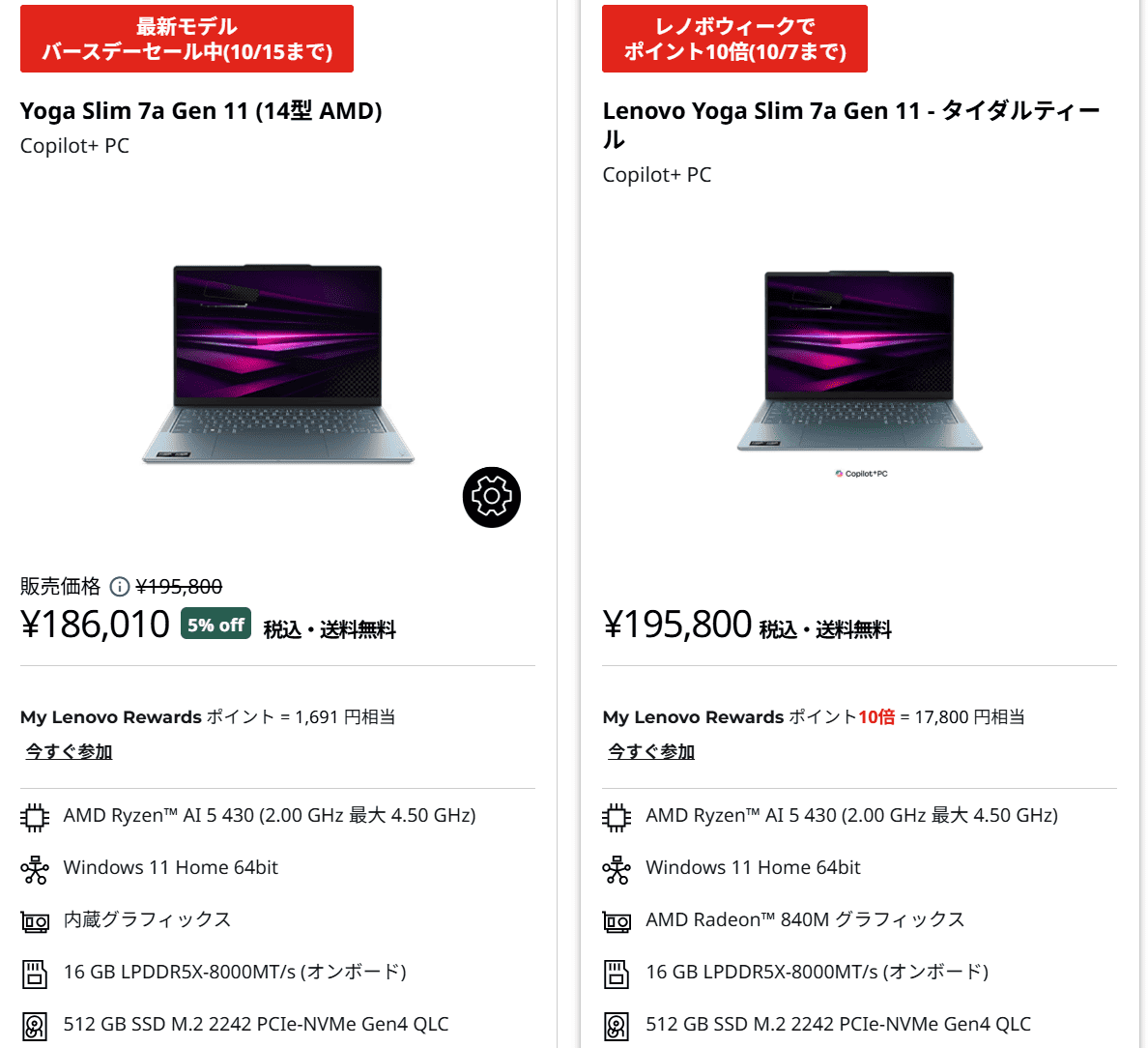 Yoga Slim 7a Gen 11(14型 AMD)Lenovoバースデー記念セール価格実質178,000円