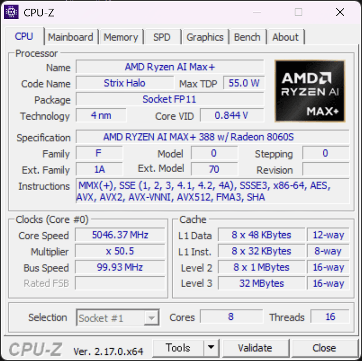 Lenovo Yoga Pro 7 Gen 11 15.3 AMD Ryzen AI MAX＋ 388 CPU-Z