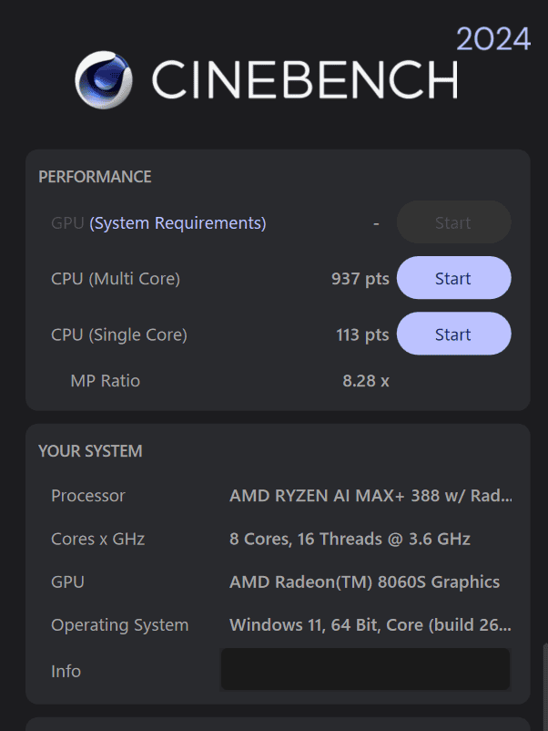 Lenovo Yoga Pro 7 Gen 11 15.3 AMD Ryzen AI MAX＋ 388 Cinebench 2024計測結果マルチコア937でハイエンド、シングルコア113と高い性能